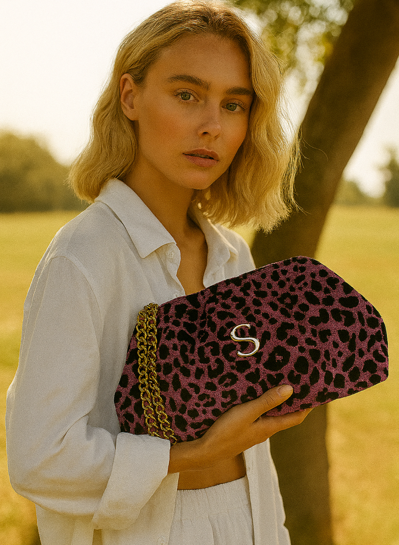 Bucket Tasche Sorena Leopard Velvet Magenta
