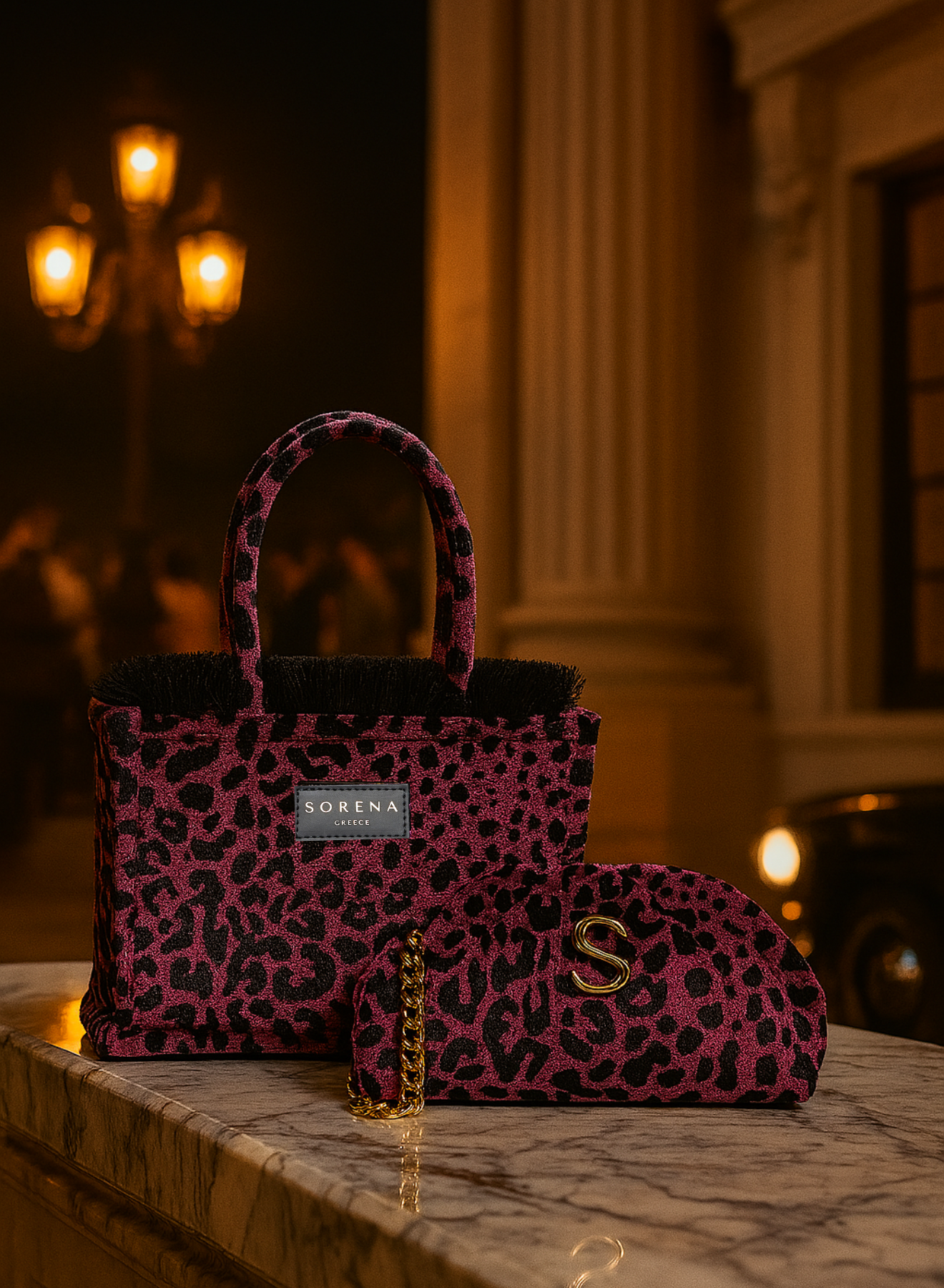 Bucket Tasche Sorena Leopard Velvet Magenta